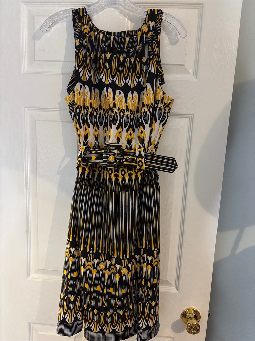 Yellow Black Patterned Sleeveless Midi Dress with Belt
